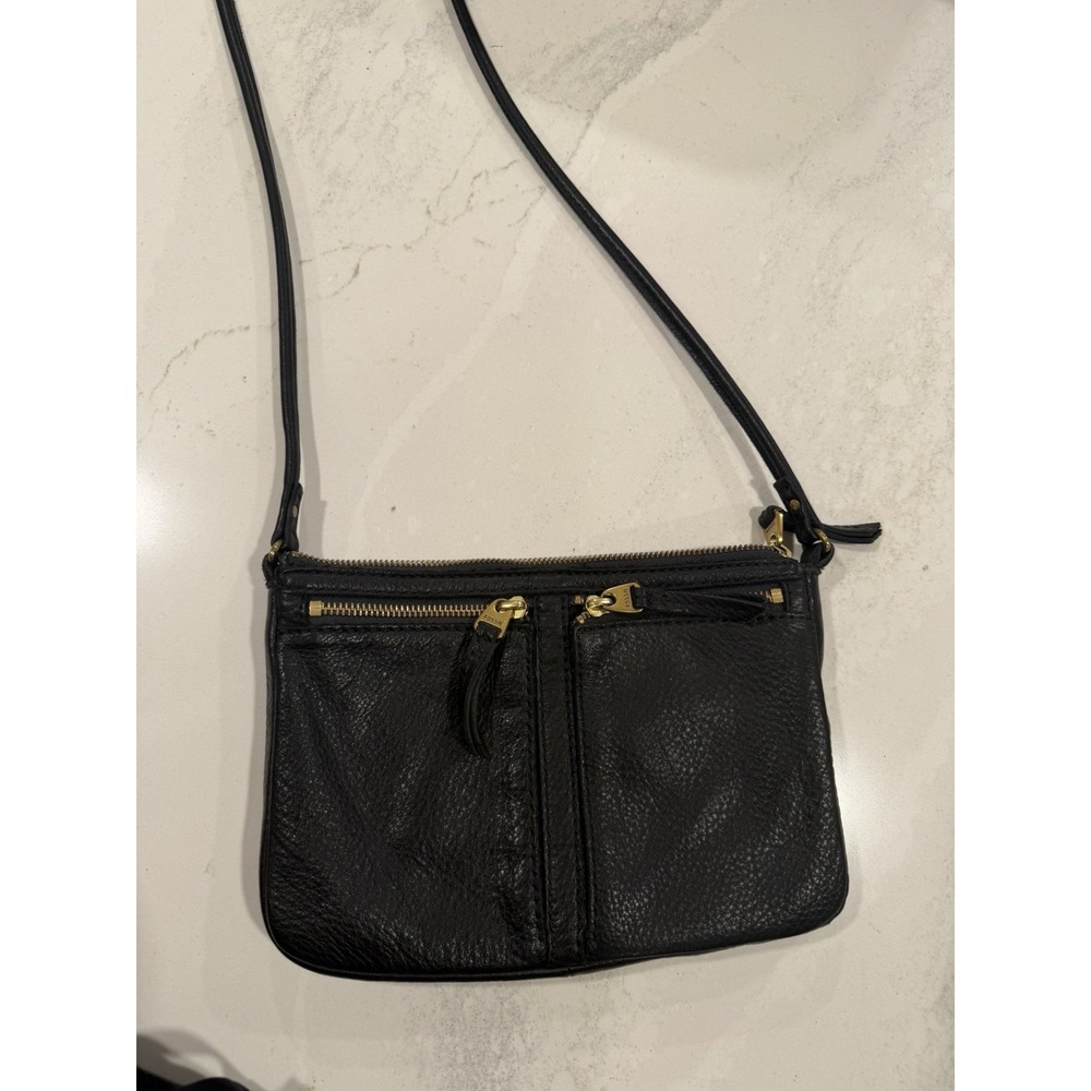 Fossil Erin Purse Womens Black Pebbled Leather Crossbody Bag Zip Pockets